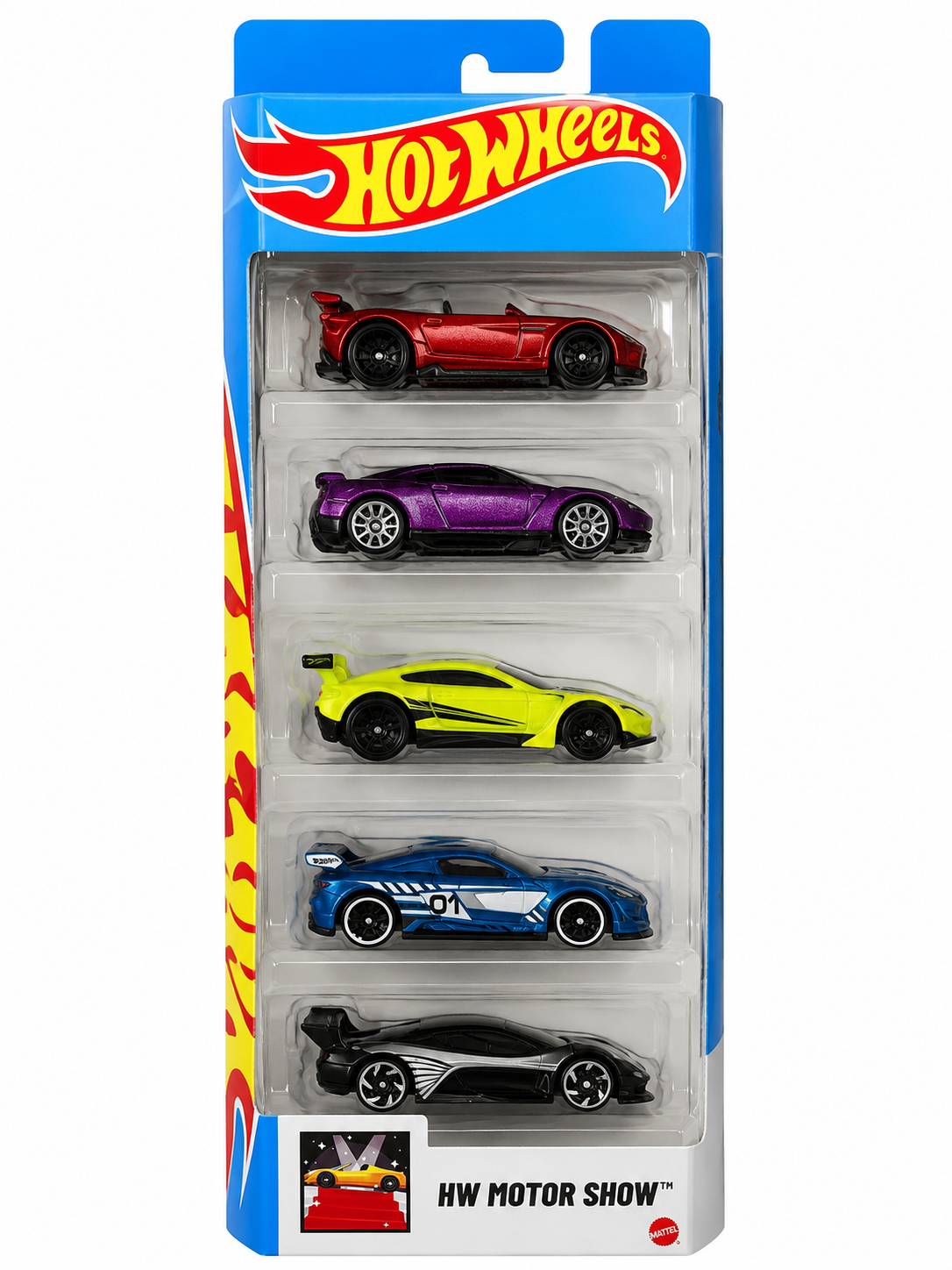Hot Wheels Motor Show 5-Pack featuring five collectible diecast vehicles with detailed designs