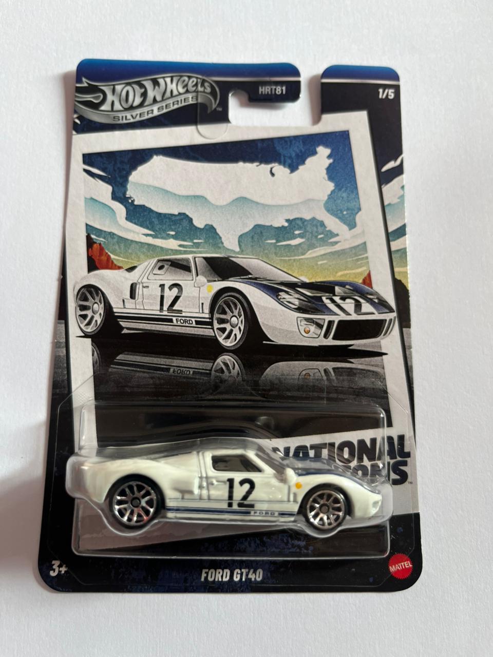 Hot Wheels National Icons Ford GT40 2025 Silver Series white diecast car 1:64 scale collectible