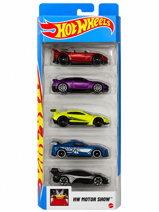 Hot Wheels Motor Show 5-Pack featuring five collectible diecast vehicles with detailed designs