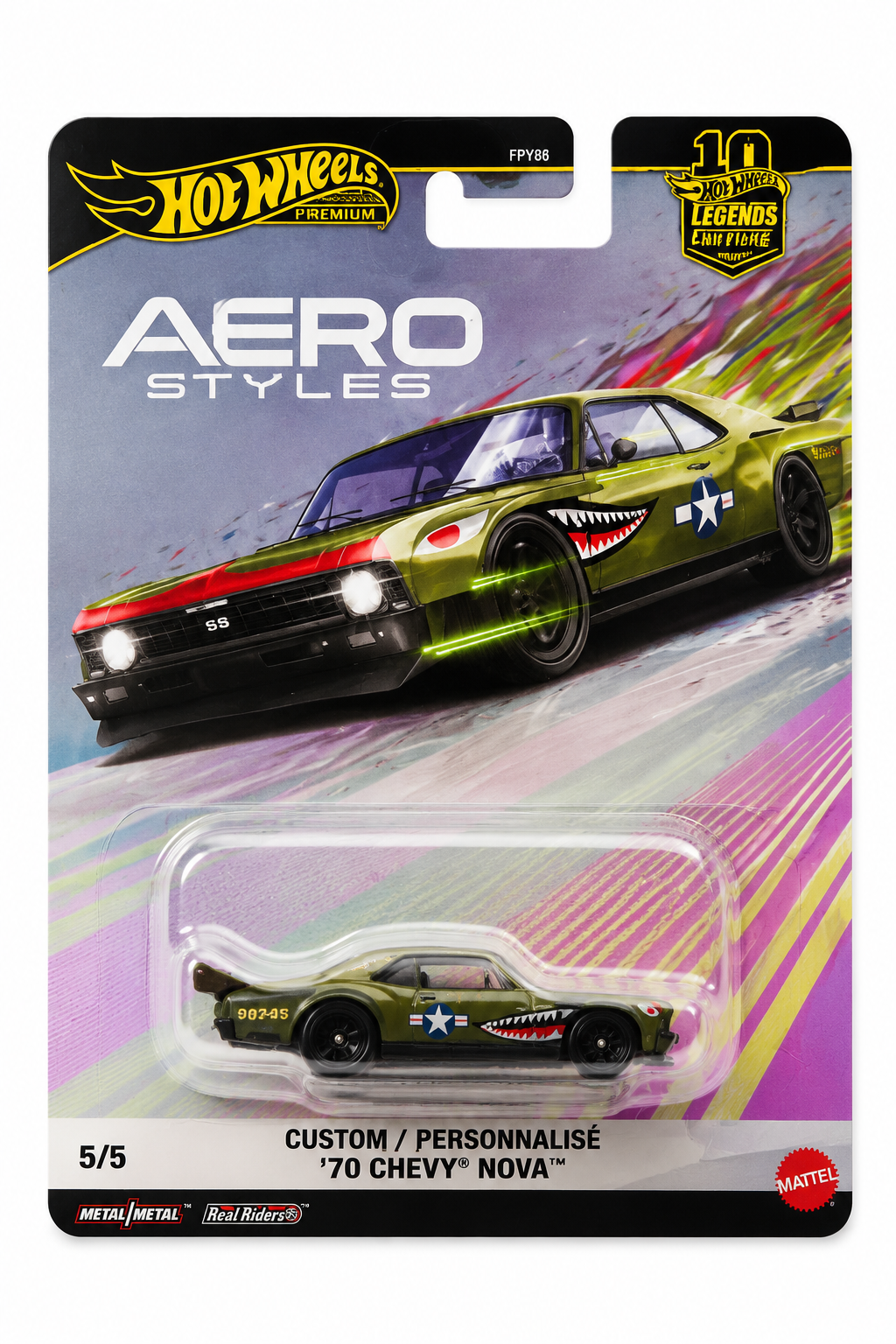 Hot Wheels Premium 1:64 Scale Custom 70 Chevy Nova diecast car with Real Riders wheels and premium detailing